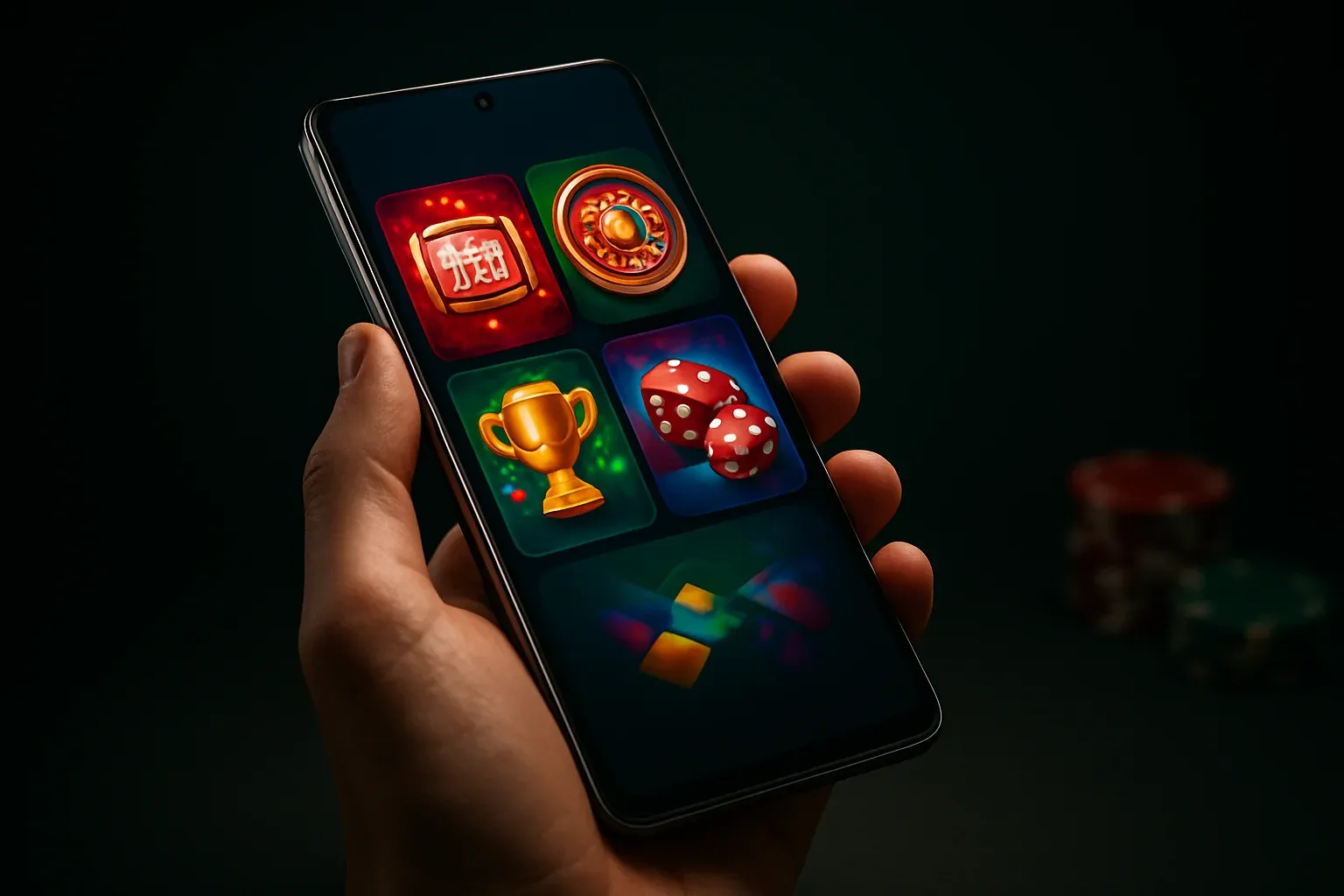 Flagship Android smartphone showing vivid casino app interface in hand