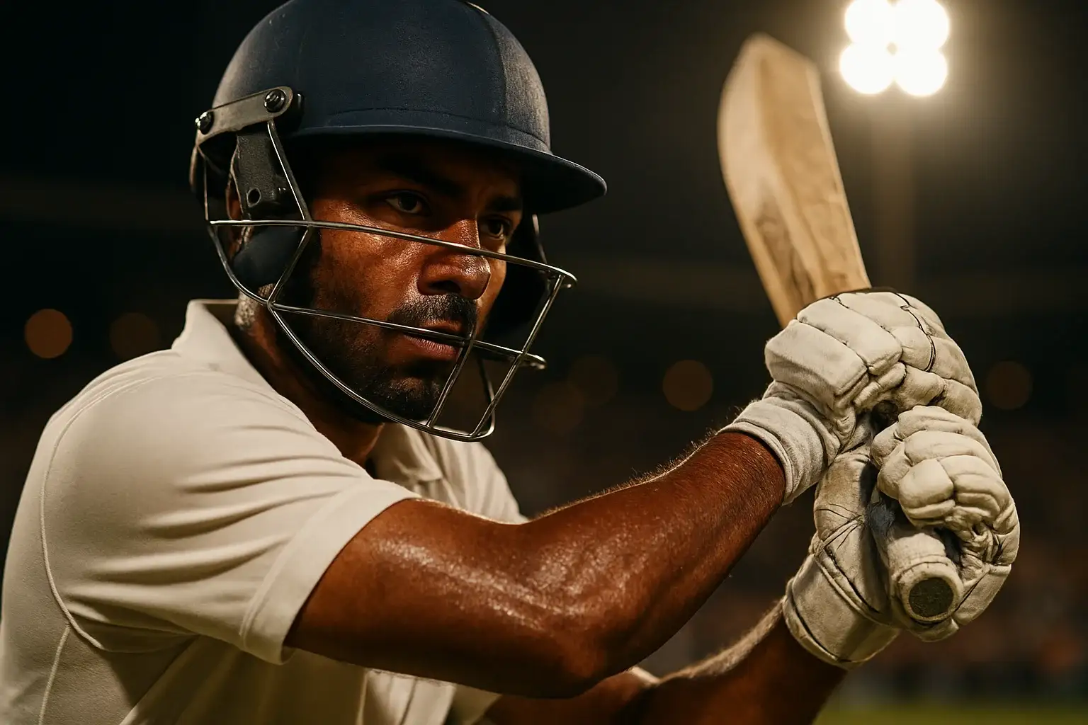 Bangladeshi male cricket batsman mid-swing under stadium floodlights in white kit