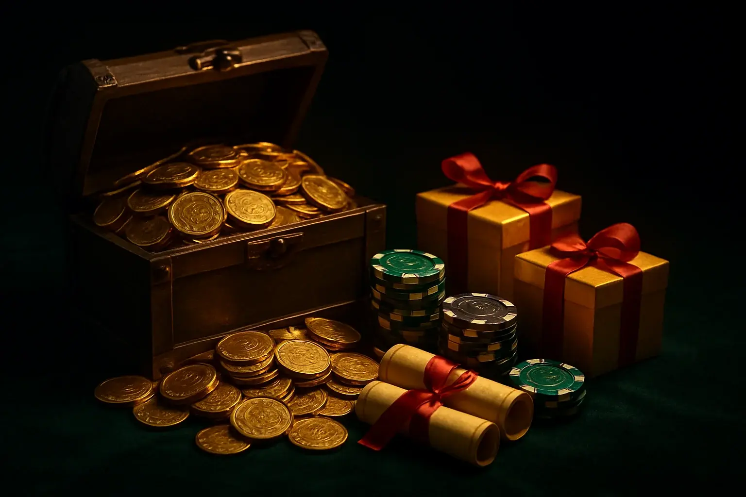 Overflowing treasure chest with gold coins, casino chips, vouchers, and gift boxes
