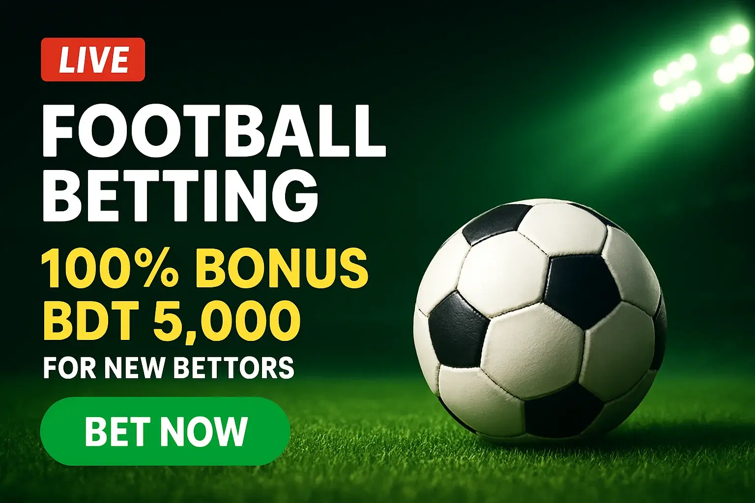 English football betting banner with stadium lights, soccer ball, 100% bonus and CTA