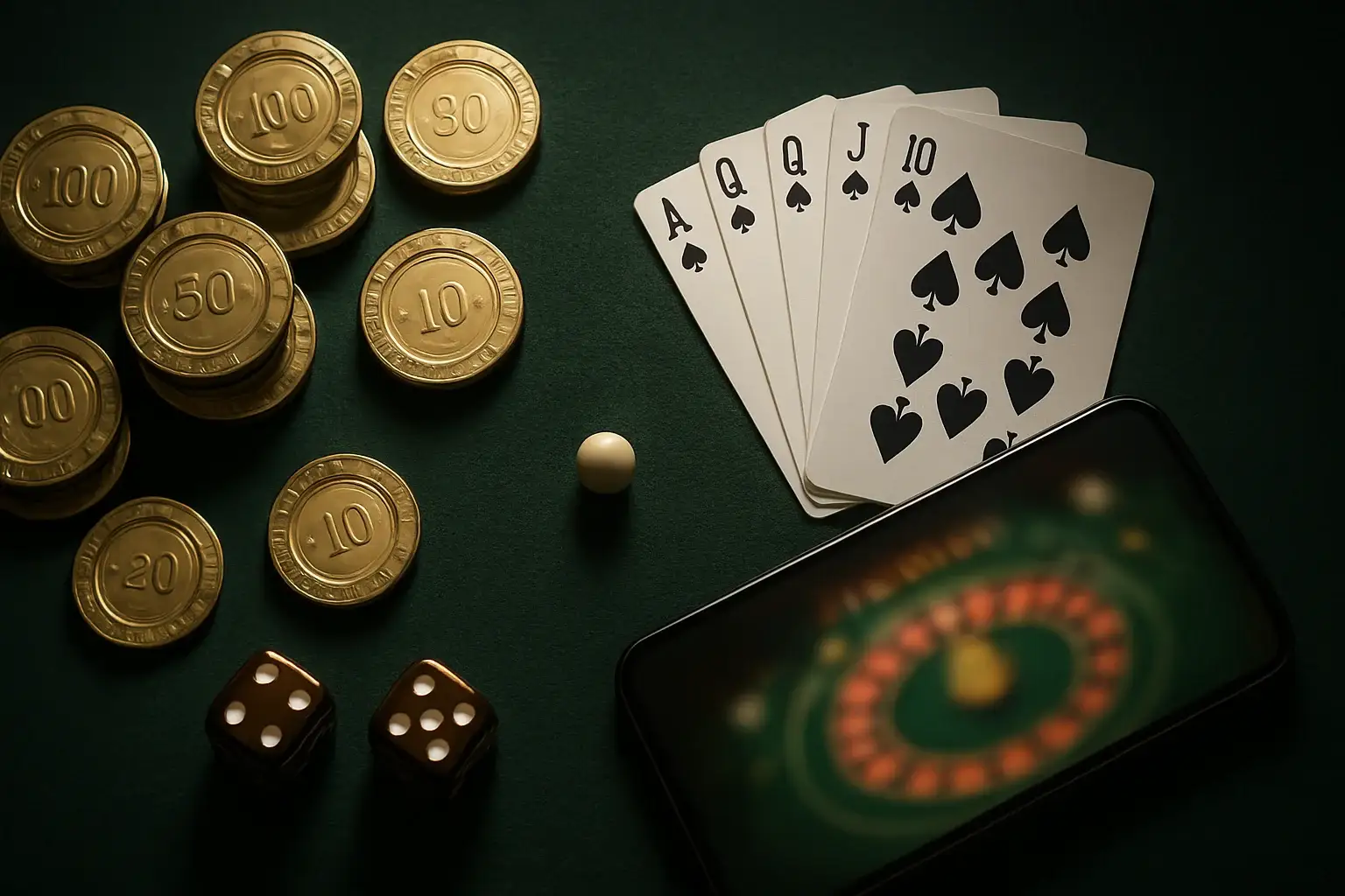 Top-down casino table with gold chips, cards, dice, roulette ball, smartphone