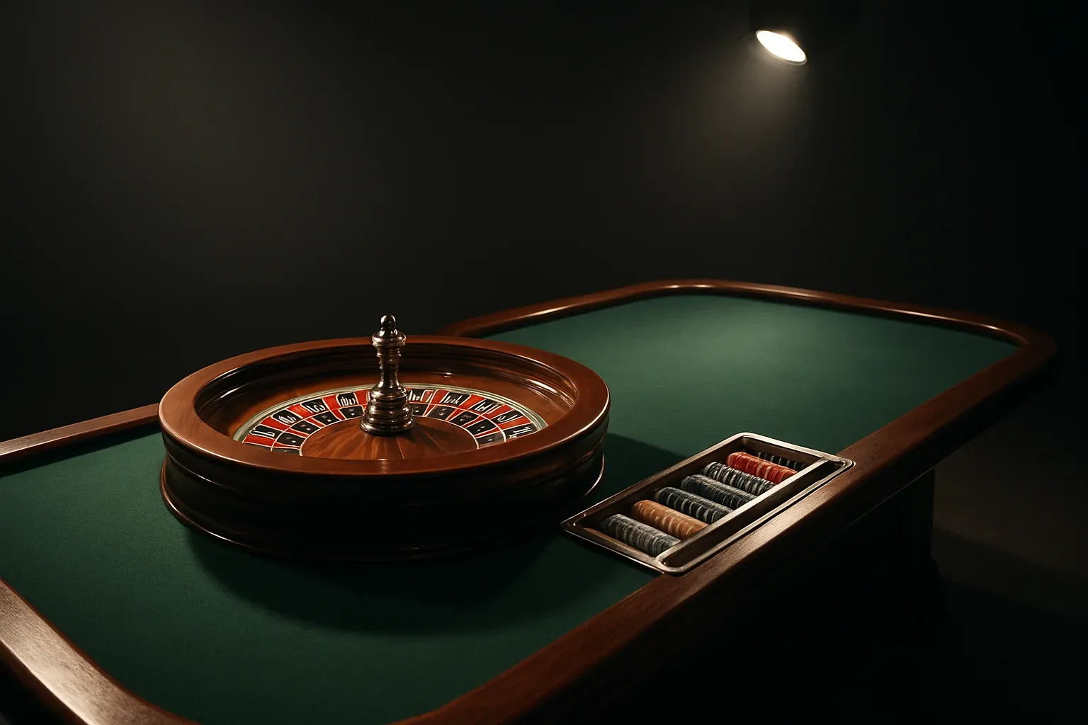 Hyperrealistic live casino studio with empty roulette table and dramatic lighting