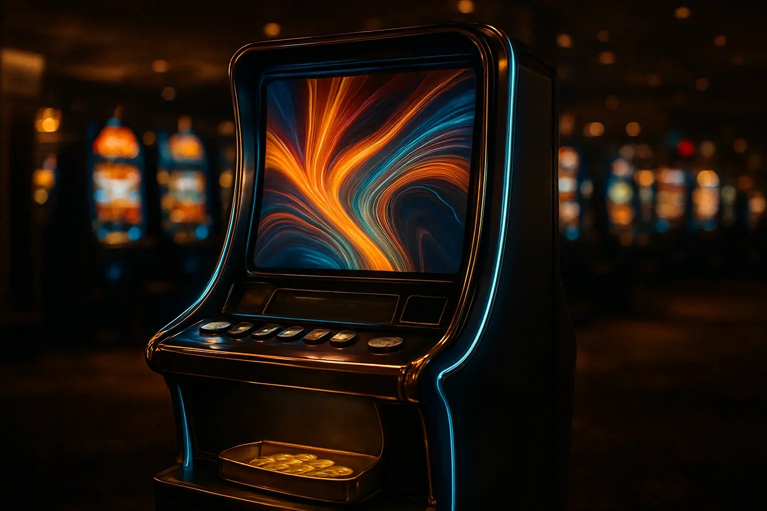 Premium slot machine glowing in dark luxury casino with neon lighting